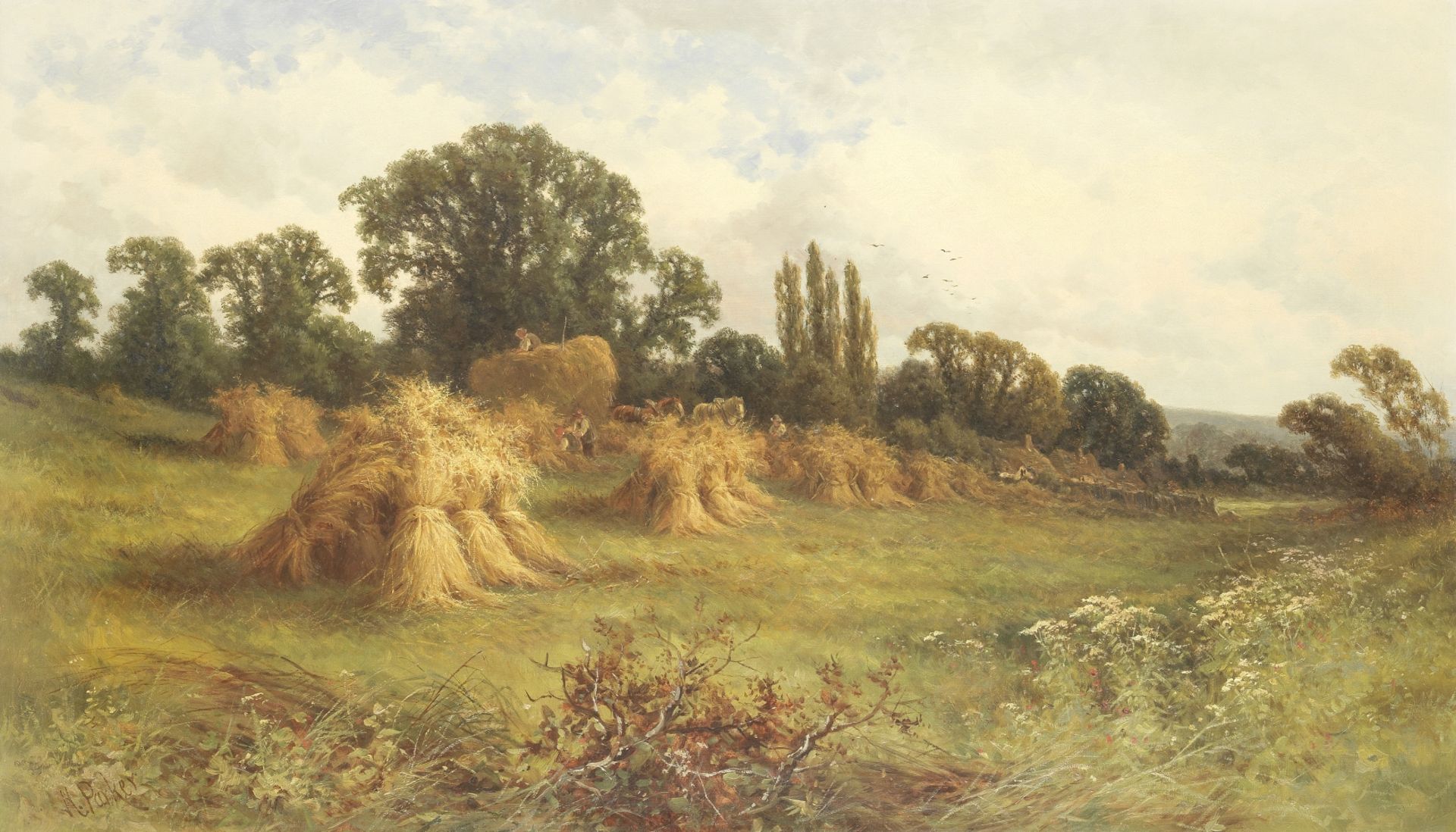 Attributed to Henry H. Parker (British, 1858-1930) Harvest time in the cornfield