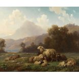 Louis Reinhardt (German, 1849-1870) Sheep resting, a mountainous landscape beyond