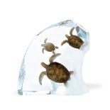 Robert Wyland (American, b 1956): A cast metal and clear acrylic sculptural group of three turtles