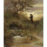 Charles James Lewis, RI (British, 1830-1892) A young boy and his dog by a pond at sunset (unframed)