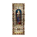 A set of three late 19th century English leaded and stained glass figural rectangular window pane...