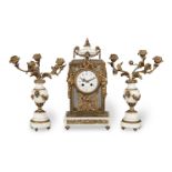 A late 19th century French gilt bronze and white marble four glass clock together with a pair of ...