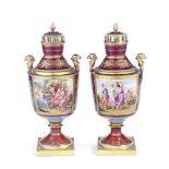 A pair of late 19th century Vienna porcelain pot pourri garniture vases and covers in the Empire ...