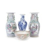 A pair of Canton famille rose porcelain vases, a Chinese blue and white porcelain vase and Chines...