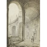 Hubert Robert (Paris 1733-1808) Figures strolling in the colonnade of the Palazzo Farnese at Capr...