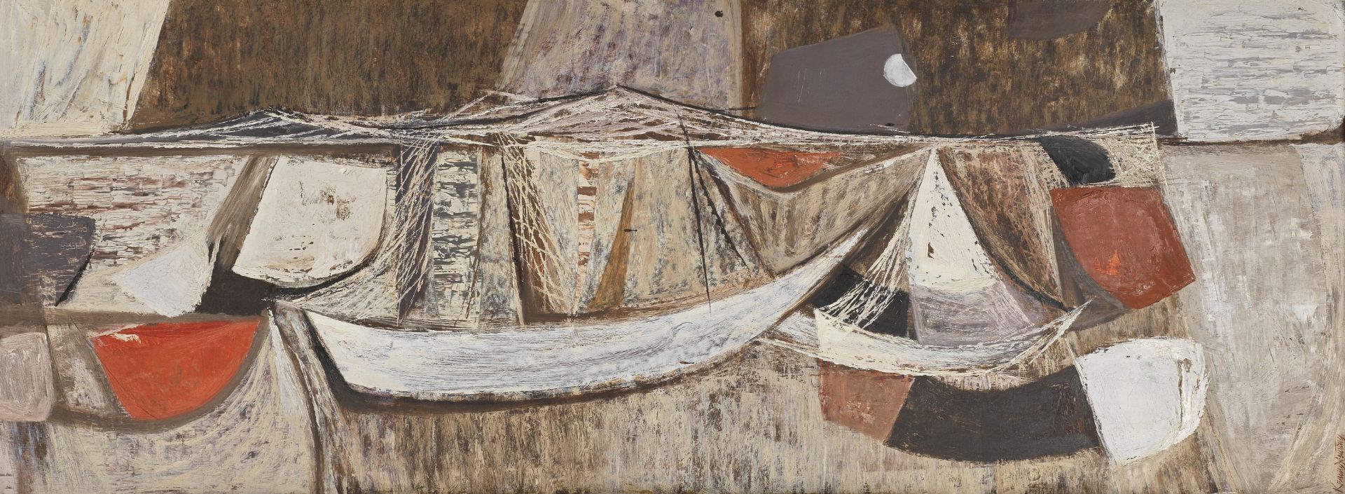 Kwong Yeu Ting (Chinese, 1922-2011) Abstract boats on a beach