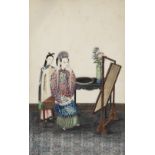 Chinese School, 19th Century Chinese figures in an interior, a pair each 30.5 x 18.4cm (12 x 7 1/...