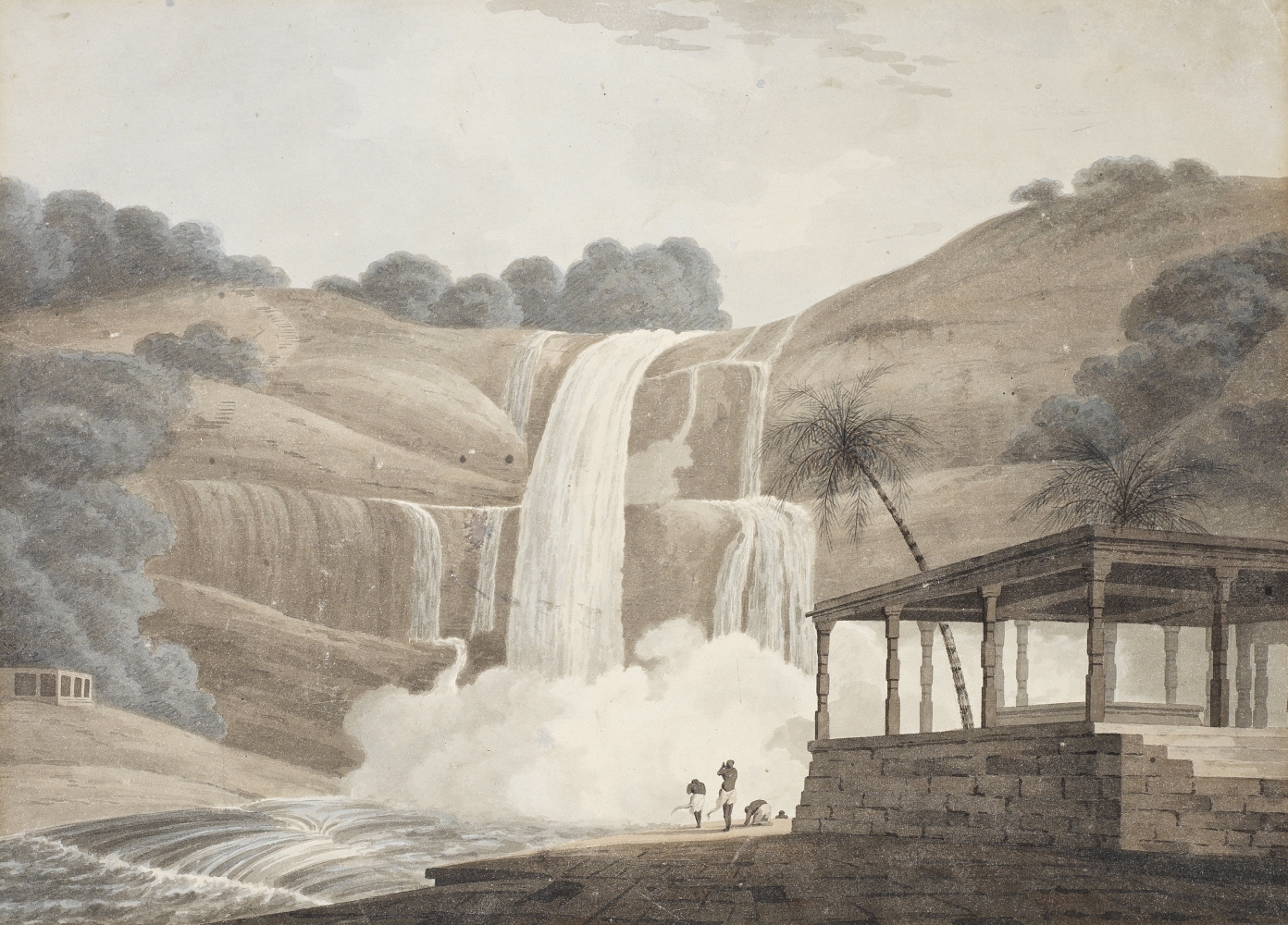 Circle of William Daniell RA (British, 1769-1837) The waterfall at Puppanassum in the Tinnevelly ...