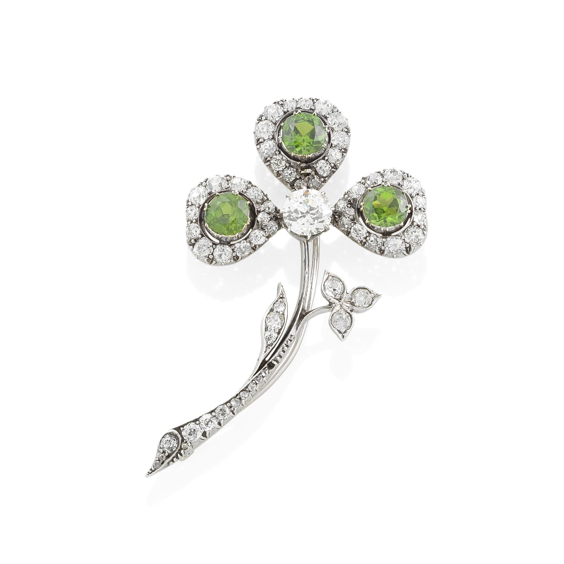 DEMANTOID GARNET AND DIAMOND CLOVER BROOCH, CIRCA 1880