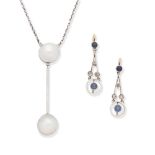 PEARL NECKLACE; SAPPHIRE AND DIAMOND EARRINGS, (2)