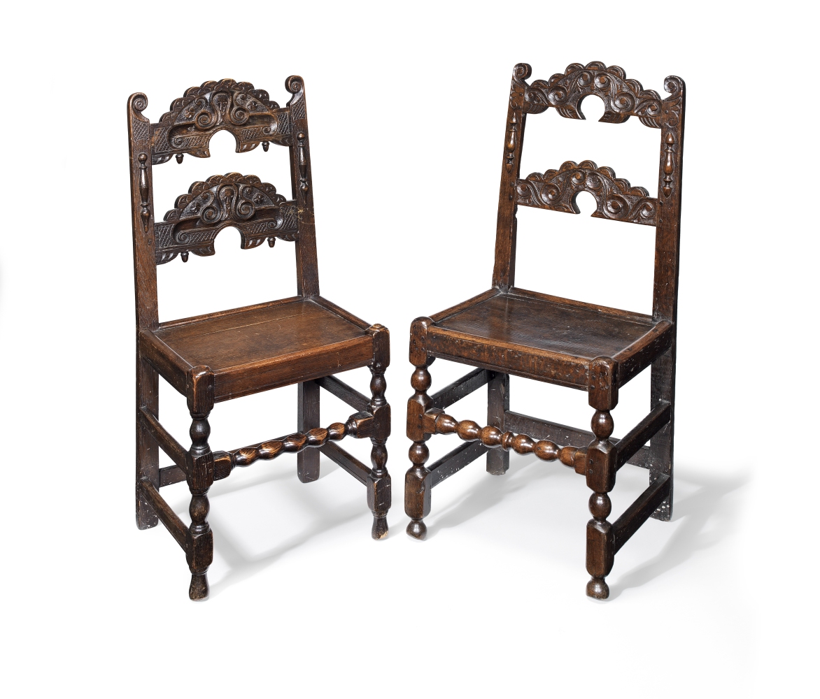 Two similar oak back stools Late 17th century and later, Derbyshire or Yorkshire (2)