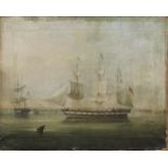 English School (19th Century) A three-master in two positions off a coastline, together with anot...