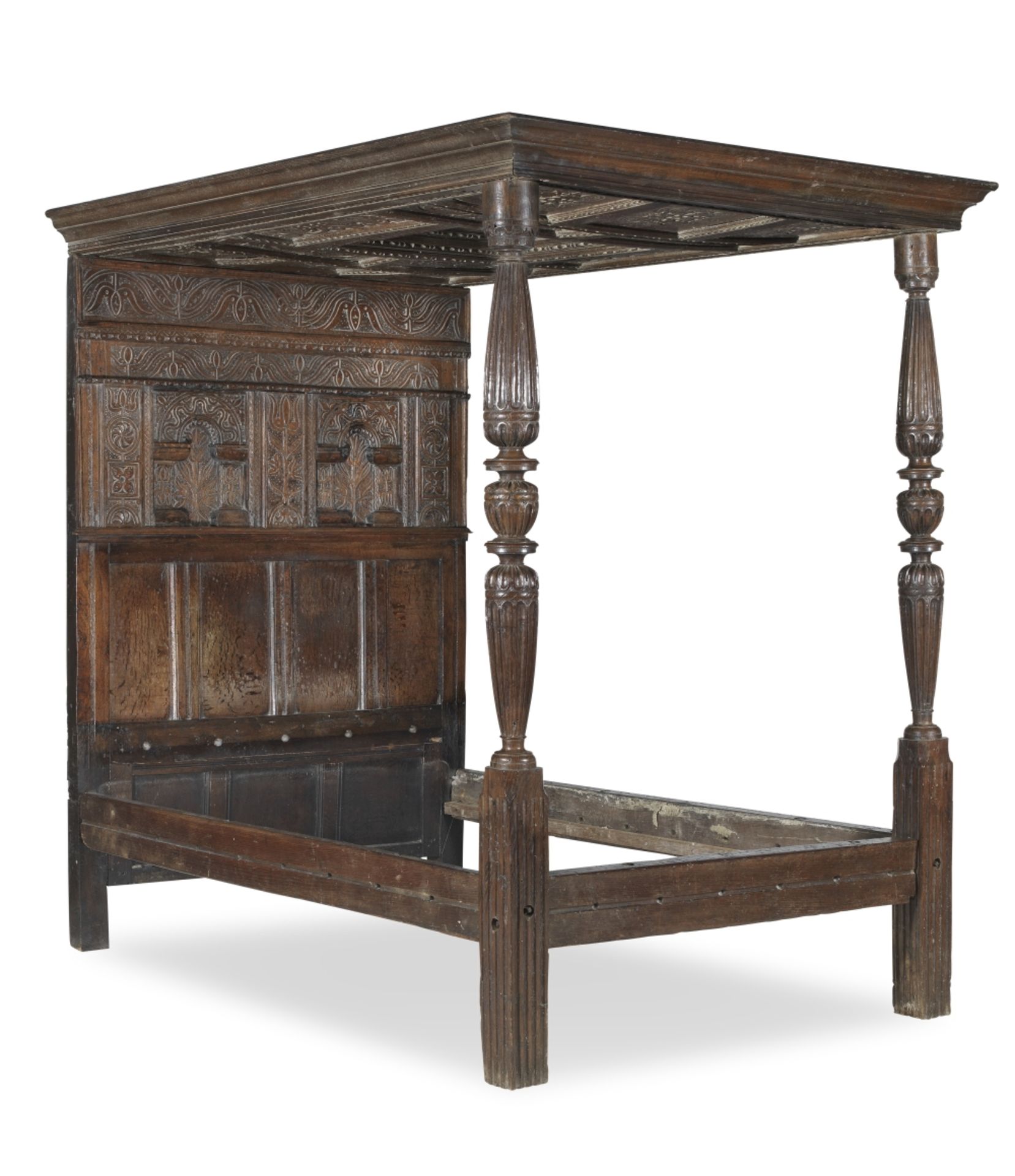 A South West oak jointed and panelled tester bed Early 17th century and later