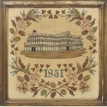 A Victorian needlework panel of the 1851 Great Exhibition, together with two woolwork pictures (3...