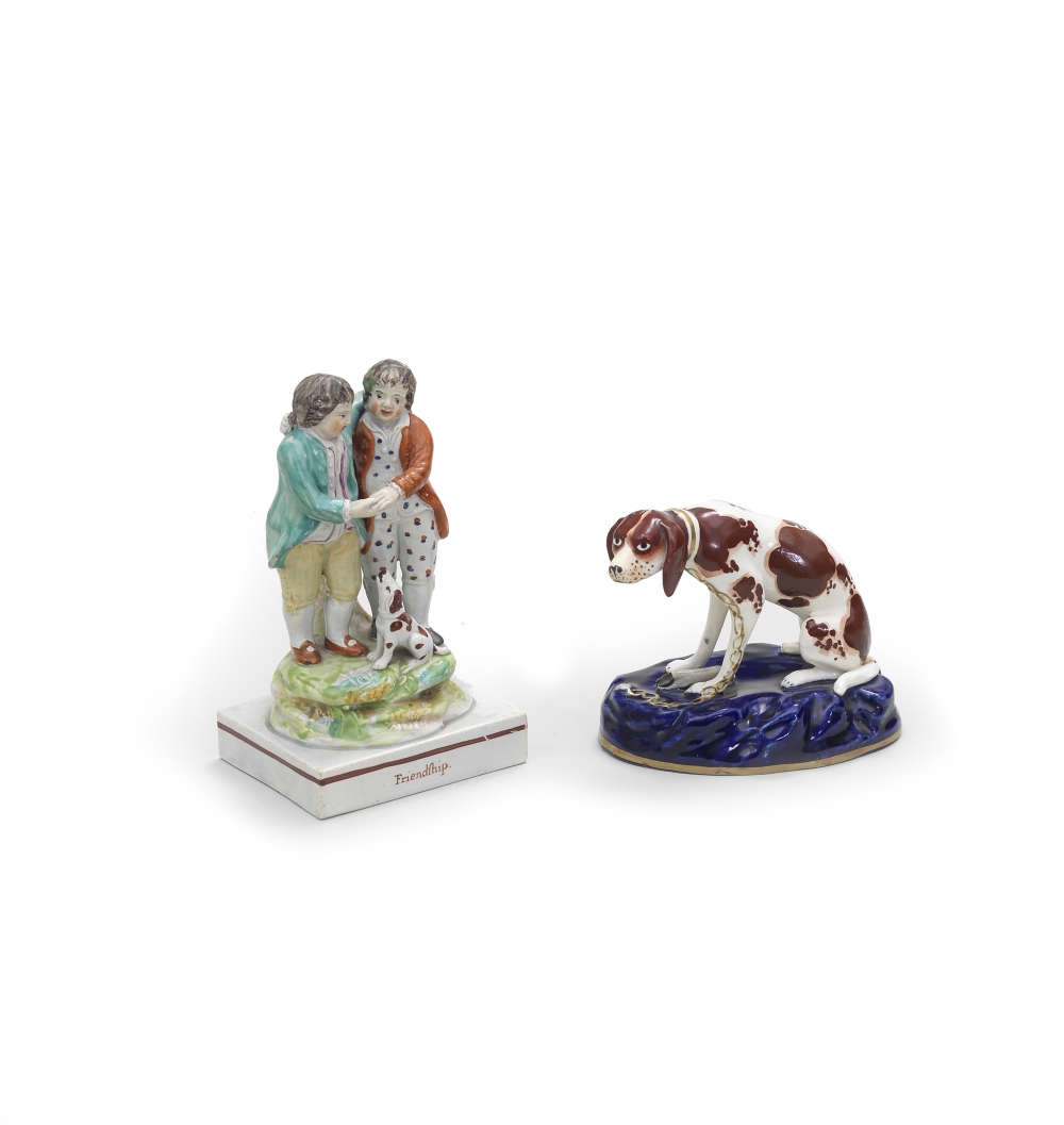 A Staffordshire group of 'Friendship' and a porcelaneous model of a hound, circa 1825-35