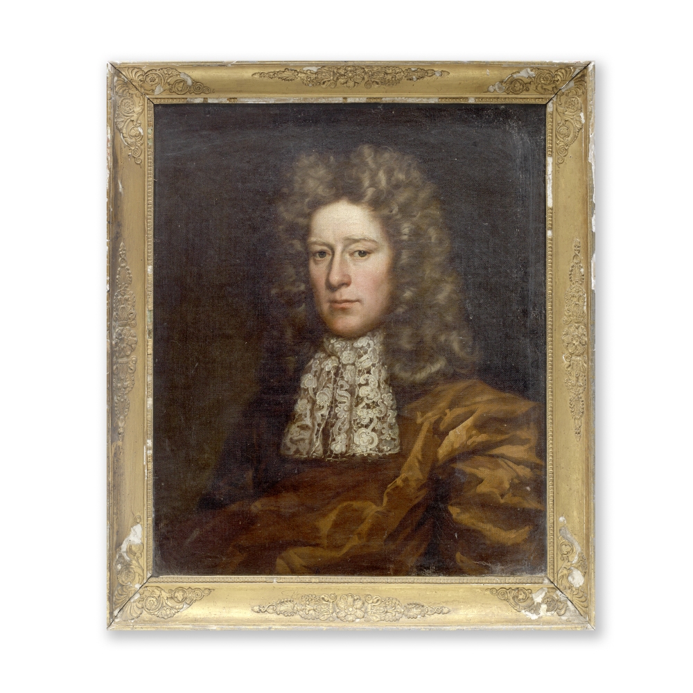 Manner of John Riley (18th Century) Portrait of a gentleman, bust length, with wig and lack stock