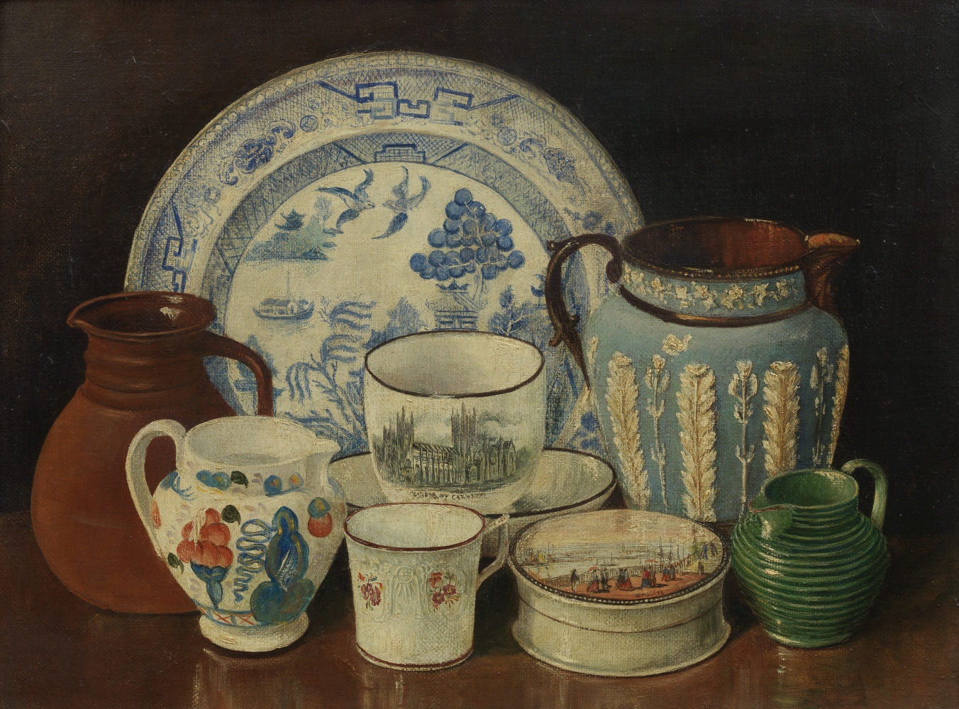 English School (Early 20th Century) A still life of a pot-lid, titled Ramsgate, and other pieces ...
