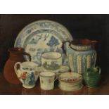 English School (Early 20th Century) A still life of a pot-lid, titled Ramsgate, and other pieces ...