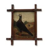 English School (Early 20th Century) A Dragoon fancy pigeon outside a hutch, together with two oth...