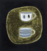 Rachel Nicholson (British, born 1934) Composition on Black and Green with Two Cups 28.6 x 24.8 cm...