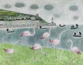 Joan Gillchrest (British, 1918-2008) Pink Flamingos and Lighthouse 66 x 83.7 cm. (26 x 32 7/8 in....