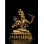 STATUETTE DE MANJUSHRI EN ALLIAGE DE CUIVRE DOR&#201; DYNASTIE QING, XVIIE SI&#200;CLE