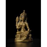 STATUETTE DE TARA VERTE EN ALLIAGE DE CUIVRE DOR&#201; DYNASTIE QING, XVIIIE/XIXE SI&#200;CLE