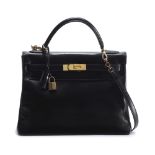 Herm&#232;s: a Black Box Leather Retourne Kelly 32 1989 (includes padlock, keys, cloche, shoulder...