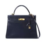 Herm&#232;s: a Bleu Marine Box Leather Retourne Kelly 32 1980 (includes dust bag)