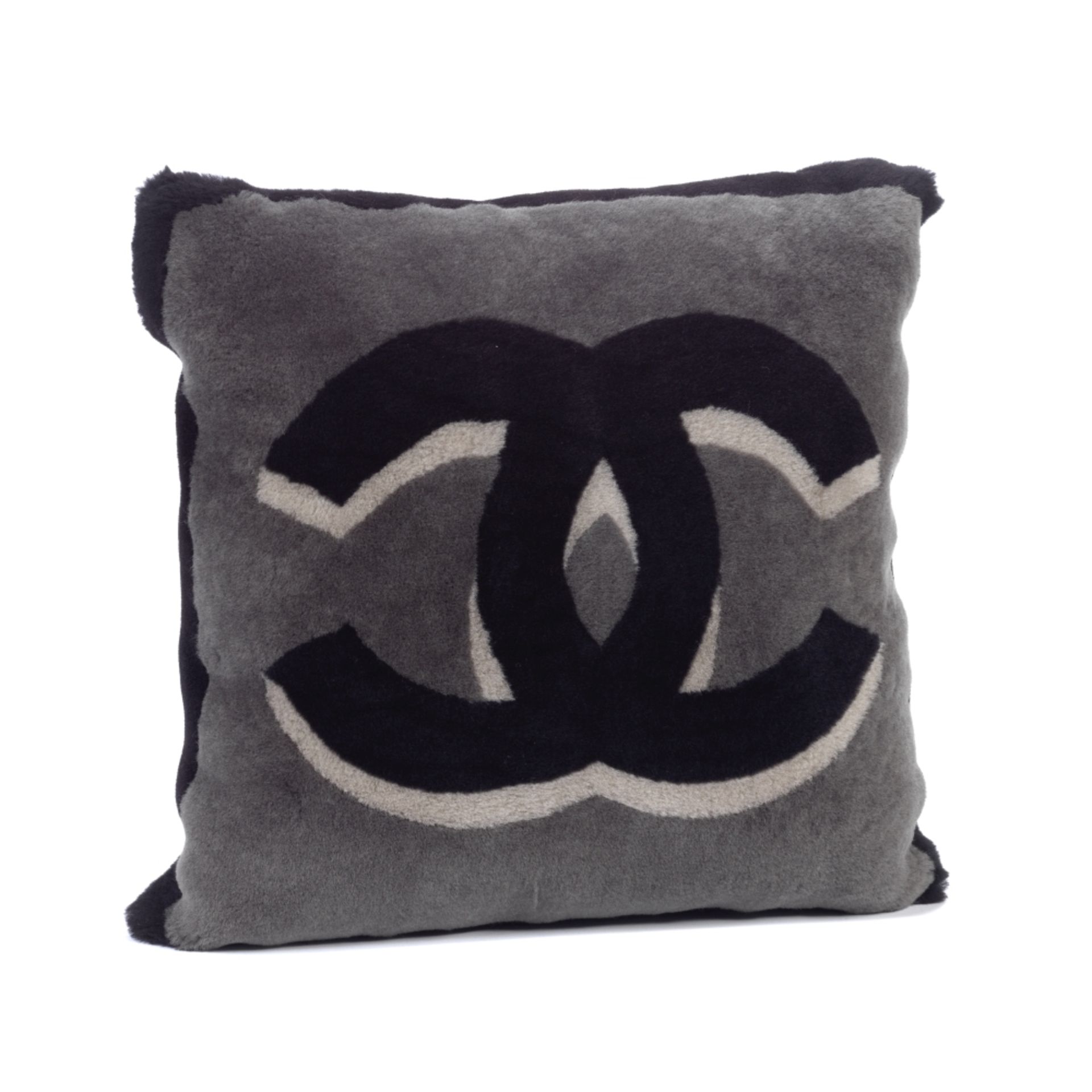 Chanel: Grey and Black CC Shearling and Cashmere Cushion