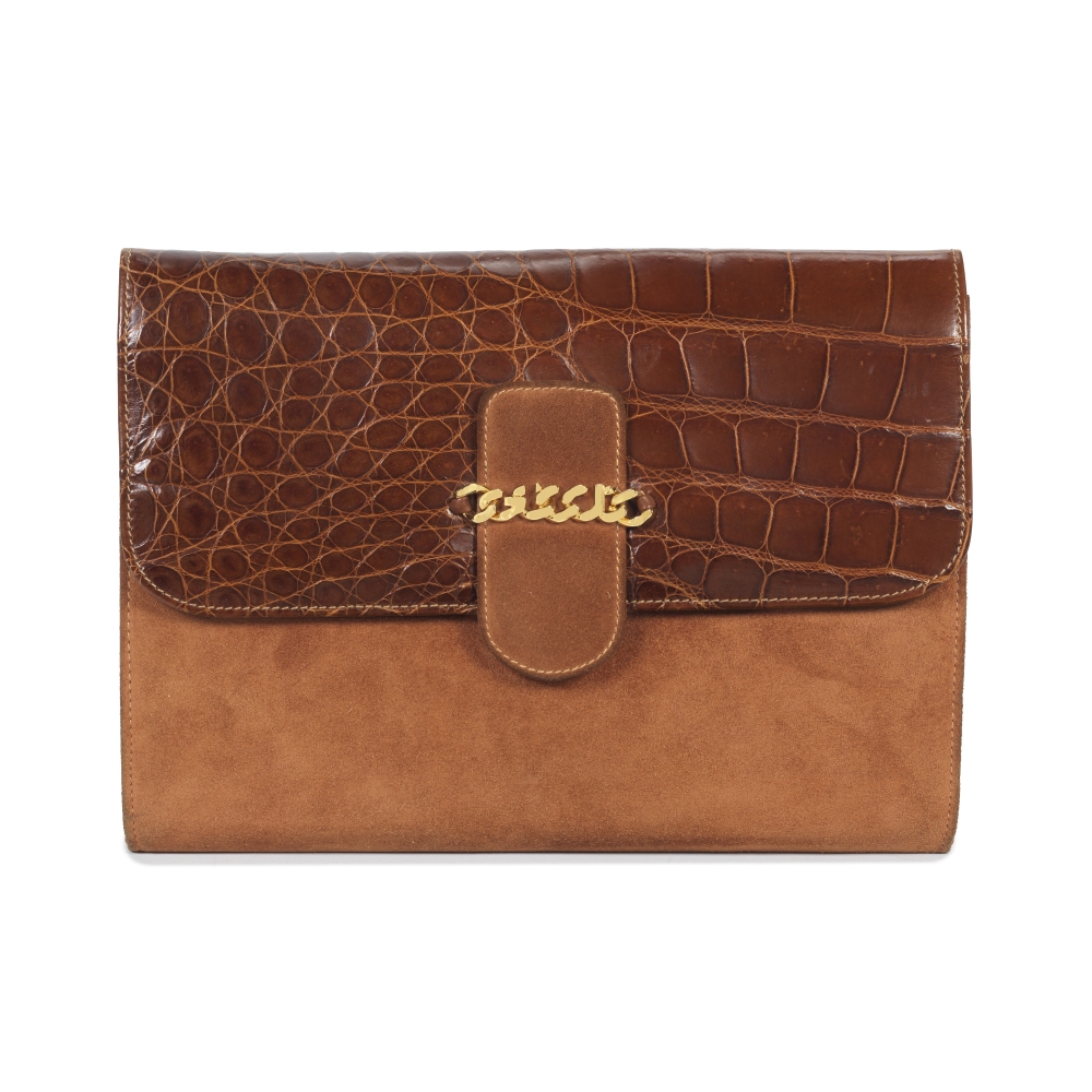 Gucci: a Brown Crocodile and Suede Clutch Bag 1970s (includes dust bag)