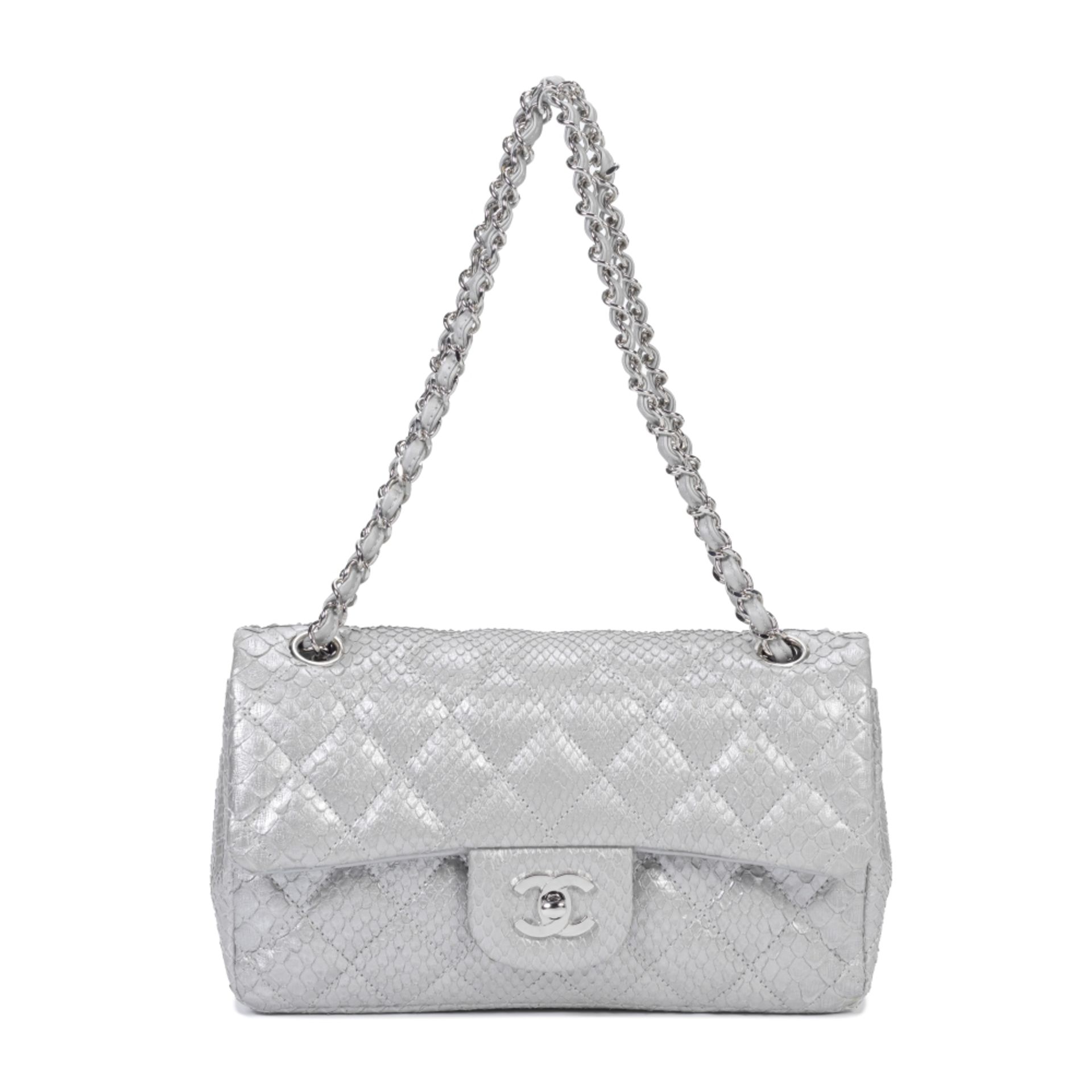 Chanel: a Metallic Silver Python Skin 2.55 Double Flap Bag 2008-09 (includes serial sticker, auth...