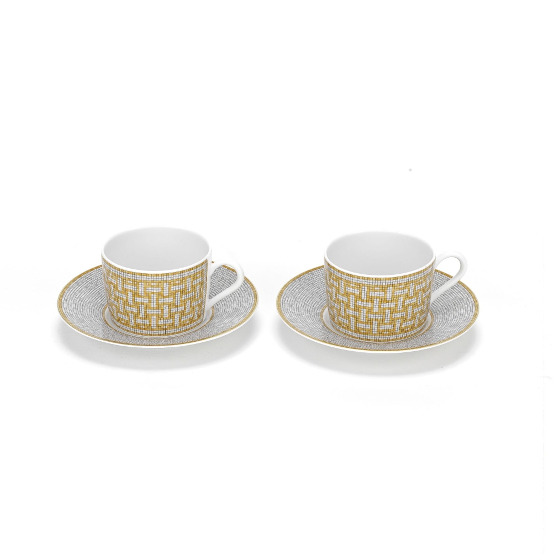 Herm&#232;s: Two Sets of Gold 'Mosaique Au 24' Porcelain Tea Cups and Saucers c.2022 (includes box)