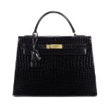 Herm&#232;s: a Black Shiny Porosus Crocodile Sellier Kelly 32 1984 (includes padlock, keys, cloch...