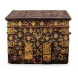 A 17th century and later simulated tortoiseshell, gilt decorated, and iron bound strong box