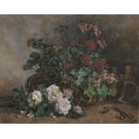 French School (19th Century) Roses and pelargoniums in a basket