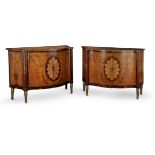 A fine pair of George III satinwood, burr elm, and purple heart marquetry commodes (2)