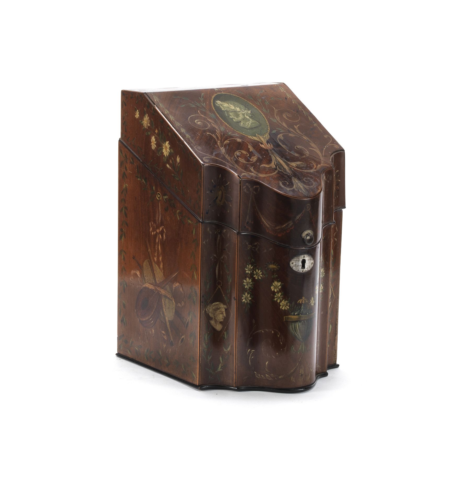 A George III mahogany and later polychrome decorated knife box