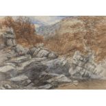David Cox Snr. O.W.S. (British, 1783-1859) A stream, two children on the rocky banks and wooded h...