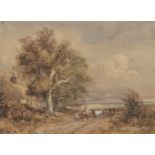David Cox Snr. O.W.S. (British, 1783-1859) Country scene with figures and cattle beside a thatche...