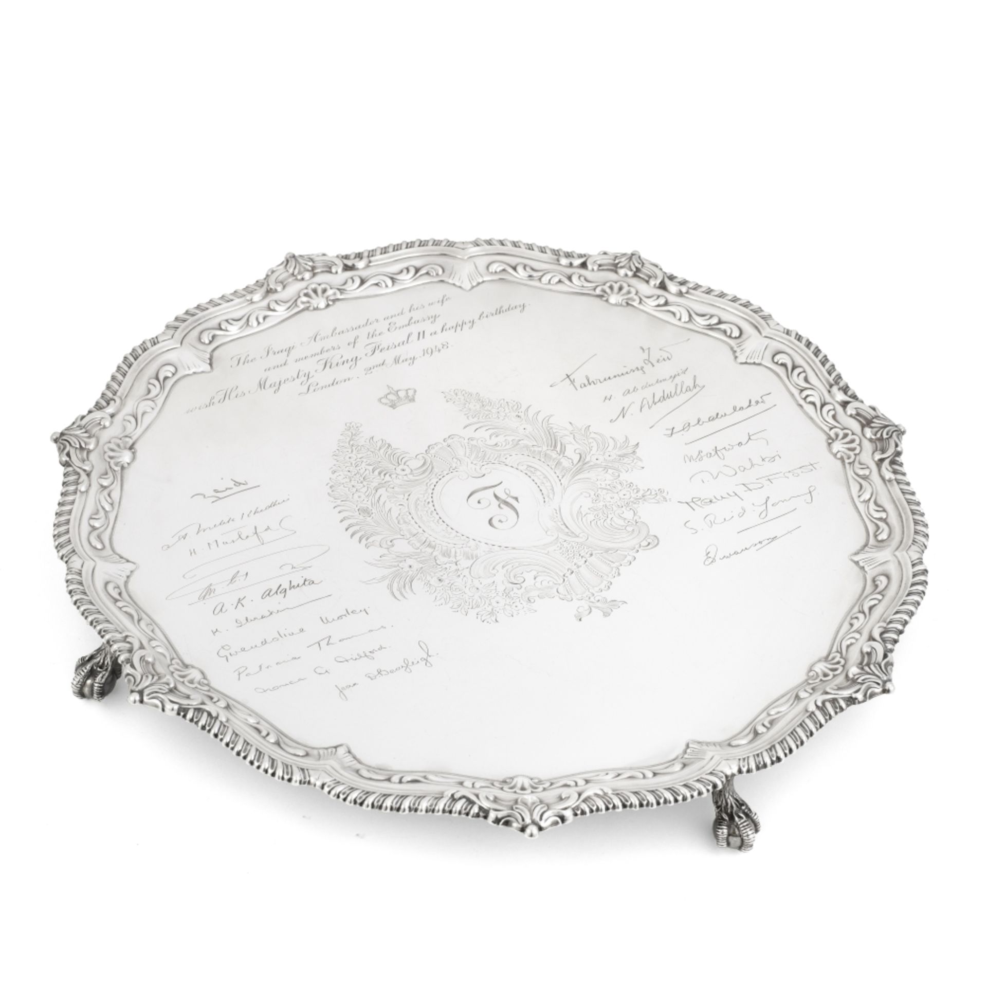 Of Iraqi interest: a large silver salver presented to King Faisal II Martin Hall & Co, Sheffield ...