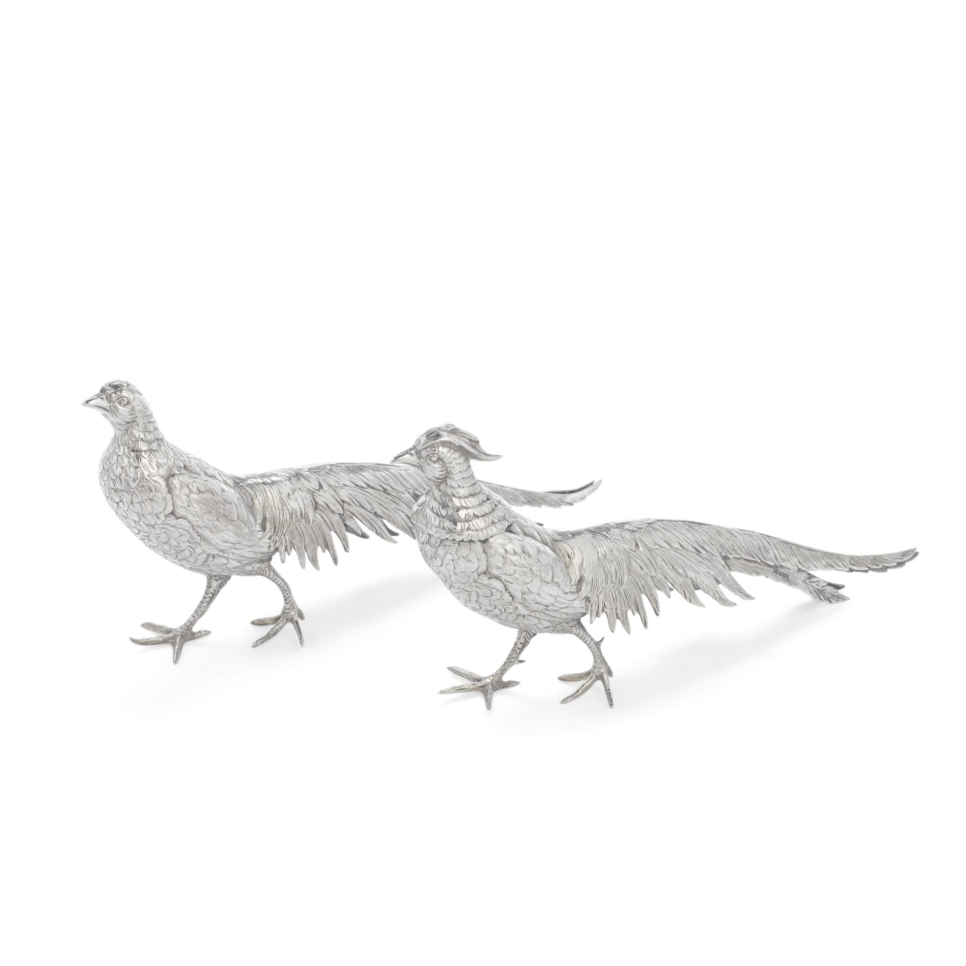 A pair of silver table ornaments modelled a Pheasants importers mark J R & Co Ltd, import marks f...