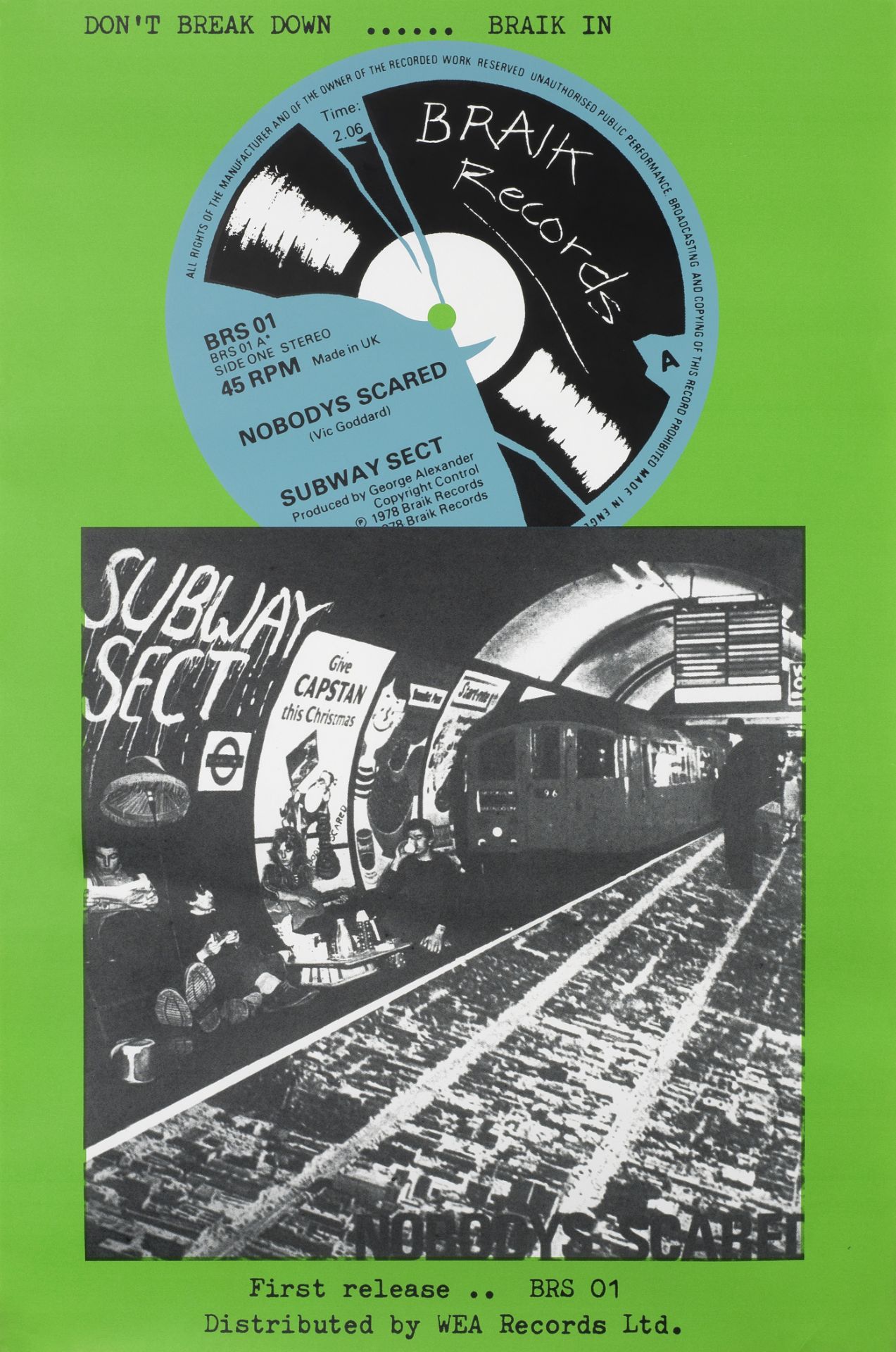 Subway Sect An Original Promotional Poster For The Single Nobody's Scared, Braik Records, 1978