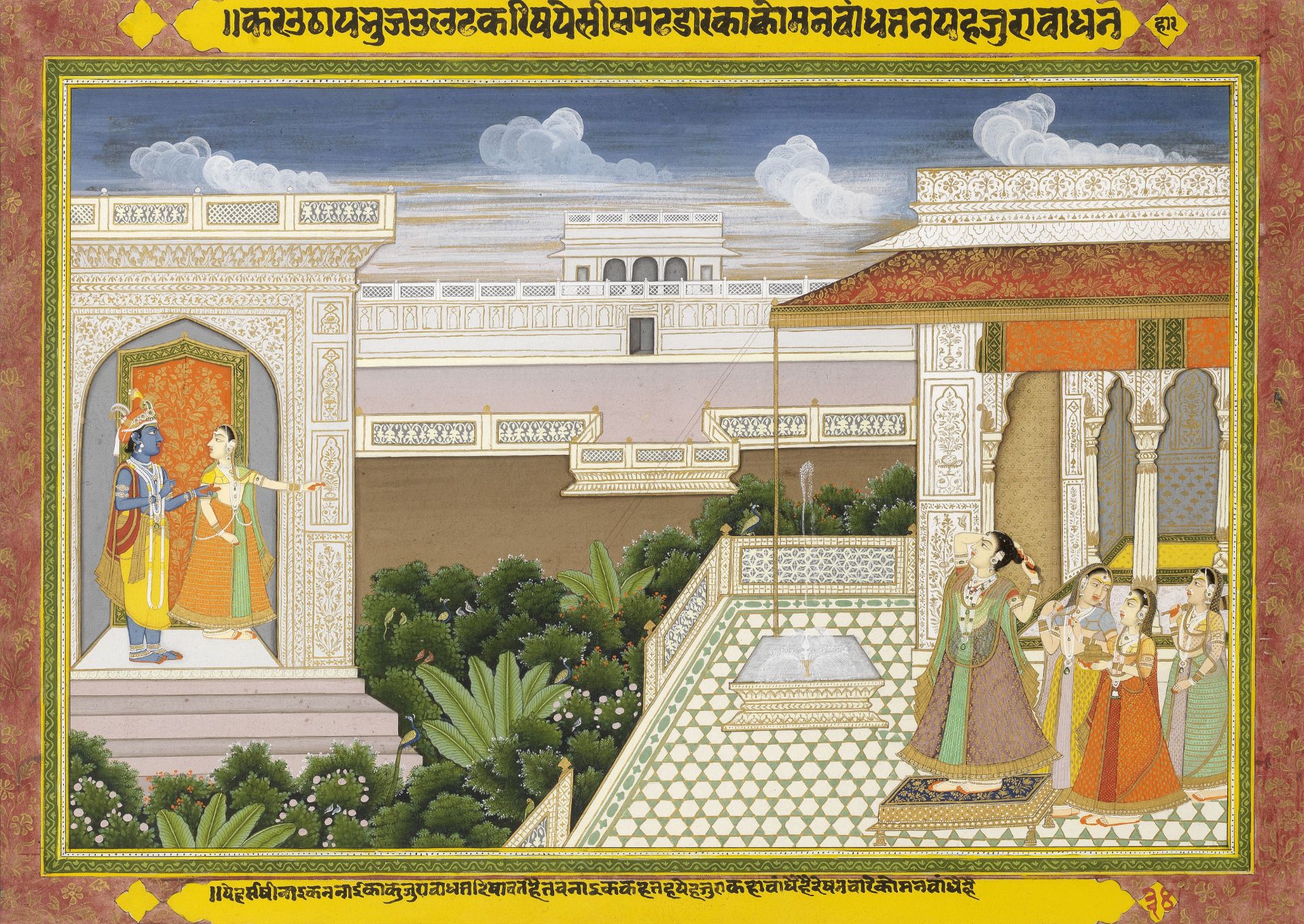 An illustration to a Rasikapriya series depicting Krishna in a palace garden surveying a nayika o...