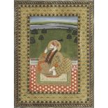 Sultan 'Abu'l Hasan of Golconda (reg. 1672-87), seated on a palace terrace holding a flower Decca...