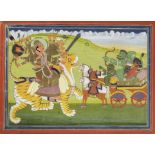 Durga in battle with demons mounted in a horse-drawn chariot Jaipur, circa 1830