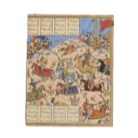 An illustrated leaf from a manuscript of Firdausi's Shahnama depicting the battle between Sufaray...