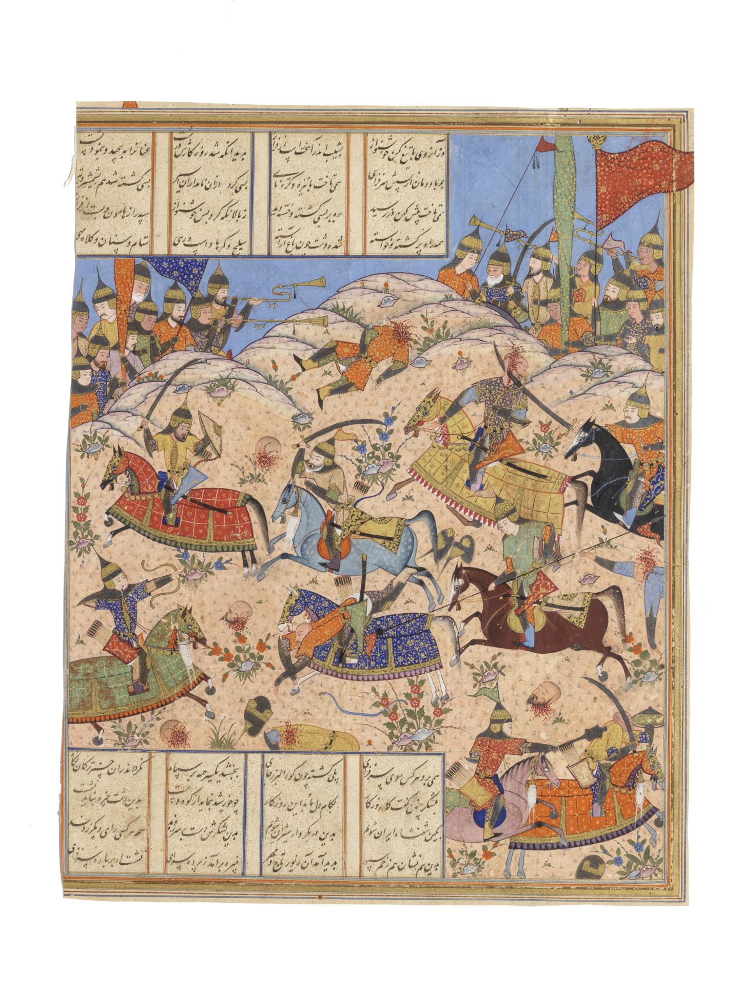 An illustrated leaf from a manuscript of Firdausi's Shahnama depicting the battle between Sufaray...