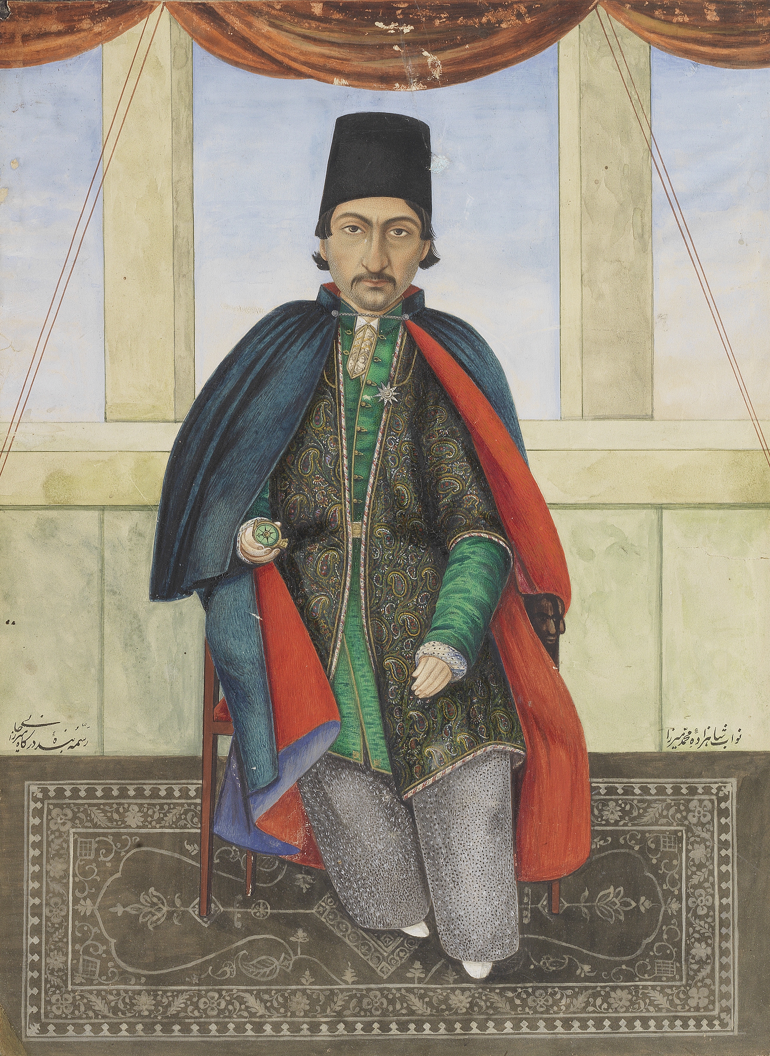 A nobleman, Nawwab Prince Muhammad Mirza, seated on a balcony terrace, by the artist Mirza Jani Q...