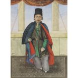 A nobleman, Nawwab Prince Muhammad Mirza, seated on a balcony terrace, by the artist Mirza Jani Q...